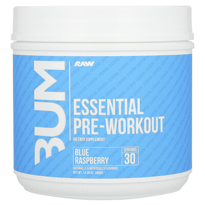 Raw Nutrition  Bum  Essential Pre-Workout  Blue Raspberry  14.39 oz (408 g)