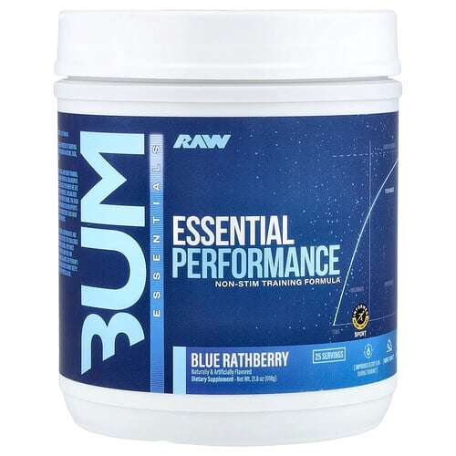 Raw Nutrition Bum Essentials, Essential Performance, Non-Stim Training Formula, Blue Rathberry , 21.8 oz (618 g)