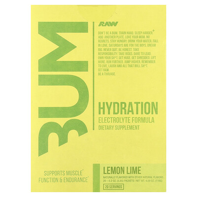 Raw Nutrition, Bum, Hydration, Fórmula con electrolitos, Lima limón, 20 sobres, 5,8 g (0,2 oz) cada uno