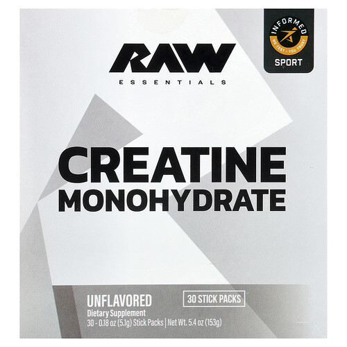 Raw Nutrition Essentials, Creatine Monohydrate, Unflavored, 30 Stick Packs, 0.18 oz (5.1 g) Each