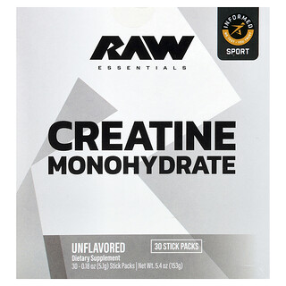 Raw Nutrition, Essentials, Monohidrato de creatina, Sin sabor, 30 sobres, 5,1 g (0,18 oz) cada uno