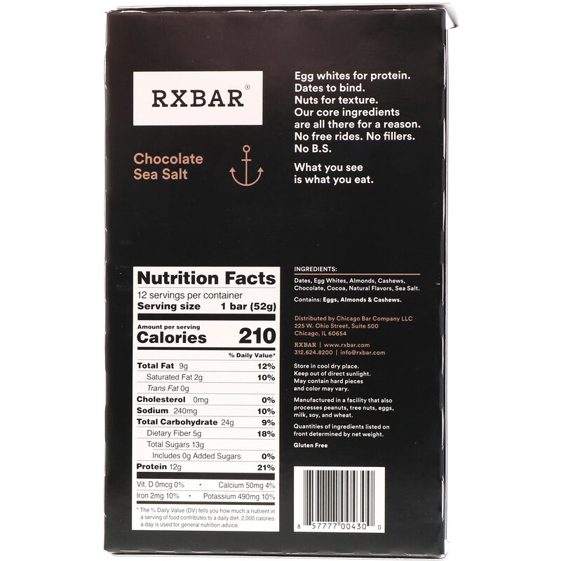 RXBAR, Protein Bar, Chocolate Sea Salt, 12 Bars, 1.83 oz (52 g) Each