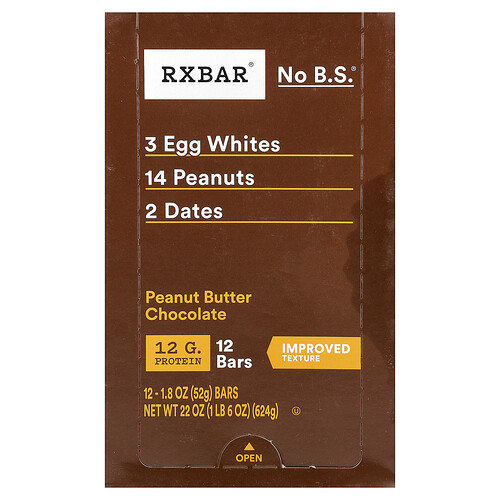 RXBAR, Protein Bar, Peanut Butter Chocolate, 12 Bars, 1.8 oz (52 g) Each