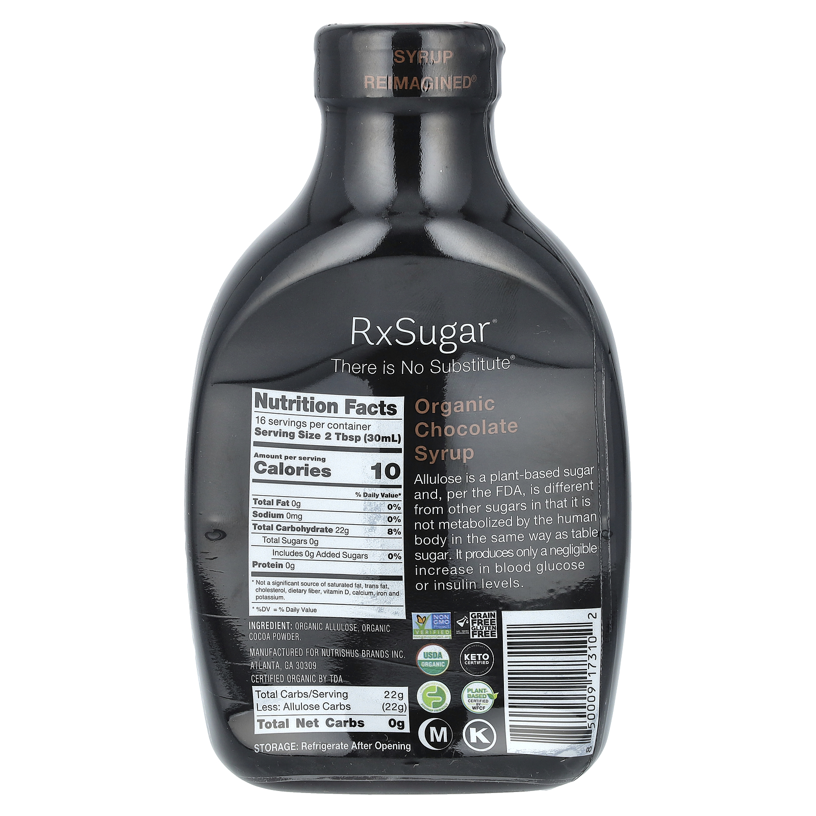 RxSugar Organic Sugar-Free Chocolate Syrup, 16 fl oz, USDA Organic