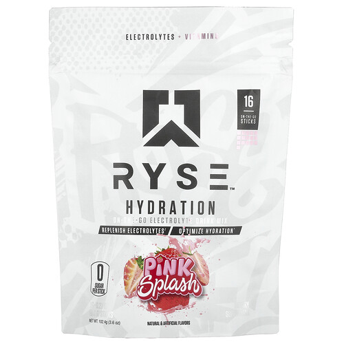 Ryse Hydration, On-The-Go Electrolyte Drink Mix, Pink Splash, 16 Sticks, 0.23 oz (6.4 g) Each
