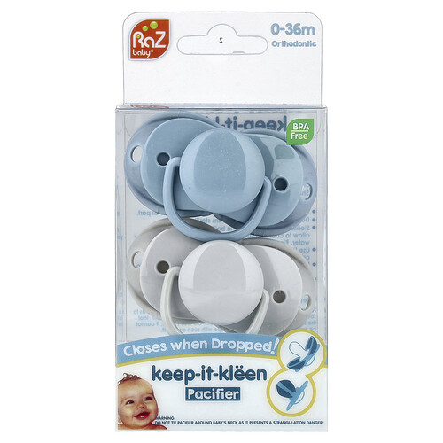 RaZbaby, Ciuccio Keep-It-Kleen, 0-36 m, blu e grigio, 2 ciucci
