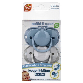 RaZbaby, Keep-It-Kleen Pacifier, 0-36m, Blue & Gray, 2 Pacifiers