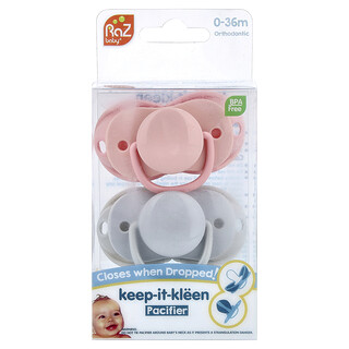 RaZbaby, Keep-It-Kleen Pacifier, 0-36m, Pink & Gray, 2 Pacifiers