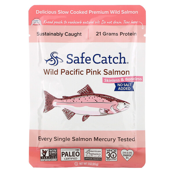 Safe Catch, 太平洋産天然ピンクサーモン、皮・骨なし、塩分無添加、85g（3オンス）