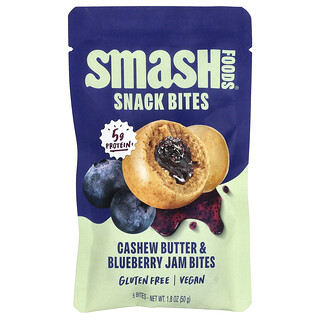 Smash Foods, Bocadillos, Mantequilla de castañas de cajú y mermelada de arándano azul, 5 bocadillos, 50 g (1,8 oz)