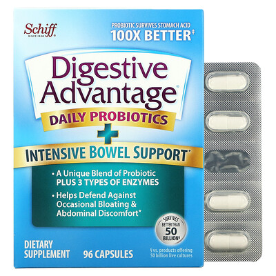 Schiff Digestive Advantage, пробиотик для ежедневного применения, интенсивная поддержка функции кишечника, 96 капсул