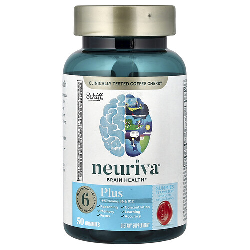 Schiff, Neuriva® Brain Health Gummies, Fruchtgummis zur Gesundheit des Gehirns, Plus Vitamine B6 und B12, Erdbeere, 50 Fruchtgummis