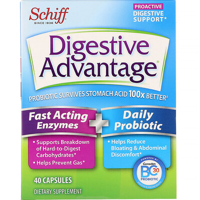 Schiff Добавка для улучшения пищеварения Digestive Advantage, быстродействующие ферменты + ежедневный пробиотик, 40 капсул
