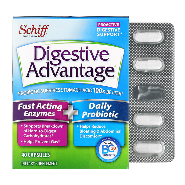 Schiff, Добавка для улучшения пищеварения Digestive Advantage, быстродействующие ферменты + ежедневный пробиотик, 40 капсул