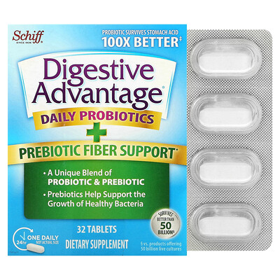 Schiff Digestive Advantage пребиотическая клетчатка и ежедневный пробиотик 32 таблетки