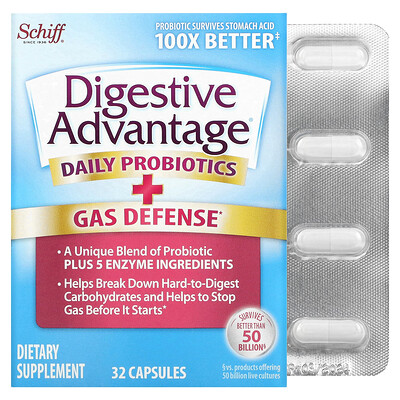 Schiff Digestive Advantage быстродействующие ферменты + пробиотик для ежедневного применения 32 капсулы