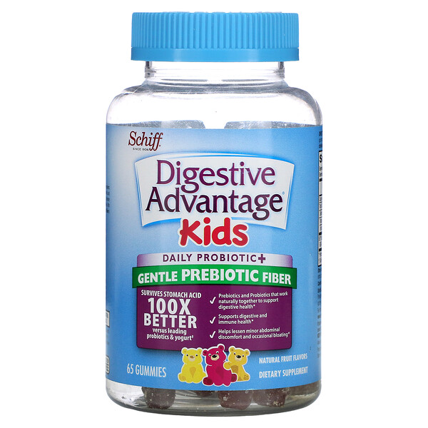 Schiff‏, Digestive Advantage Kids, Daily Probiotic + Gentle Prebiotic Fiber, Natural Fruit Flavors, 65 Gummies