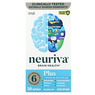 Schiff, Neuriva, Suplemento para la salud cerebral con vitaminas B6 y B12, y ácido fólico, 30 cápsulas