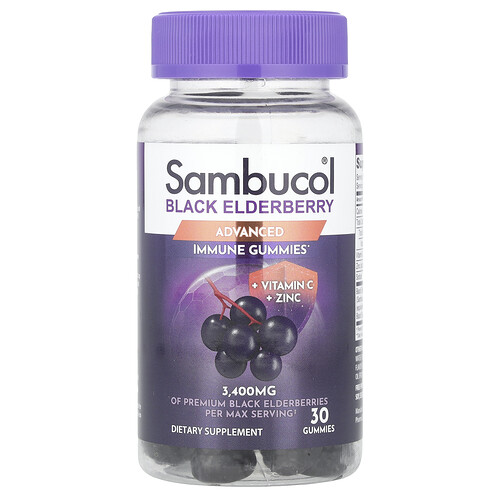 Sambucol Black Elderberry, Advanced Immune Gummies + Vitamin C + Zinc, 30 Gummies
