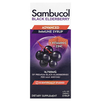 Product Image for Sambucol, Black Elderberry Syrup, Advanced Immune, Vitamin C + Zinc, 4 fl oz (120 ml)