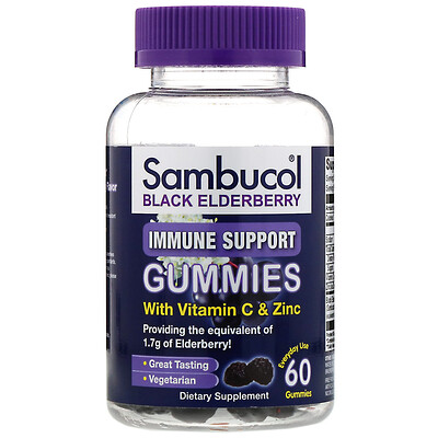 Sambucol Черная бузина, жевательные таблетки для поддержки иммунитета, с витамином C и цинком, вкус натуральных ягод, 60 жевательных таблеток