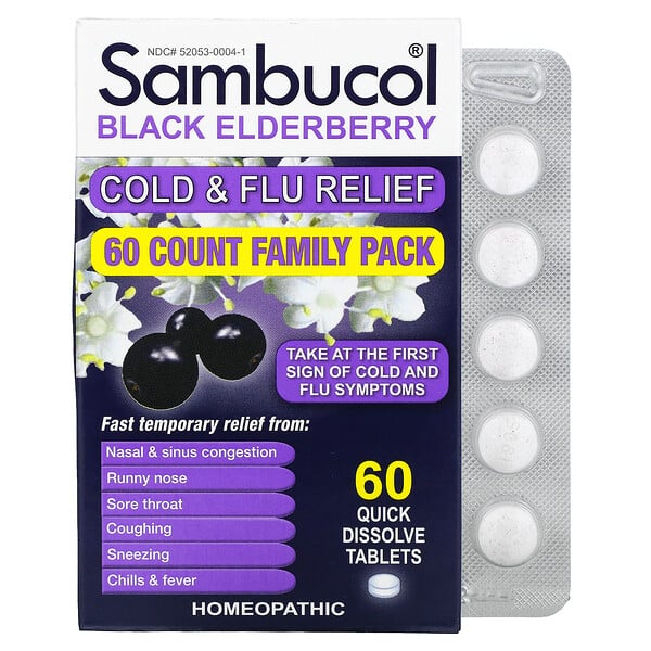 Sambucol, Black Elderberry, Cold & Flu Relief, Family Pack, 60 Quick Dissolve Tablets