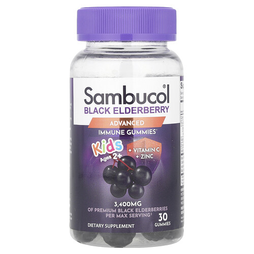 Sambucol, Kids Black Elderberry Gummies + Vitamin C + Zinc, schwarze Holunder-Fruchtgummis für Kinder, Vitamin C + Zink, ab 2 Jahren, 30 Fruchtgummis