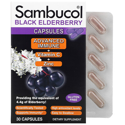 Sambucol Black Elderberry Capsules, Advanced Immune + Vitamin C + Zinc, 30 Capsules