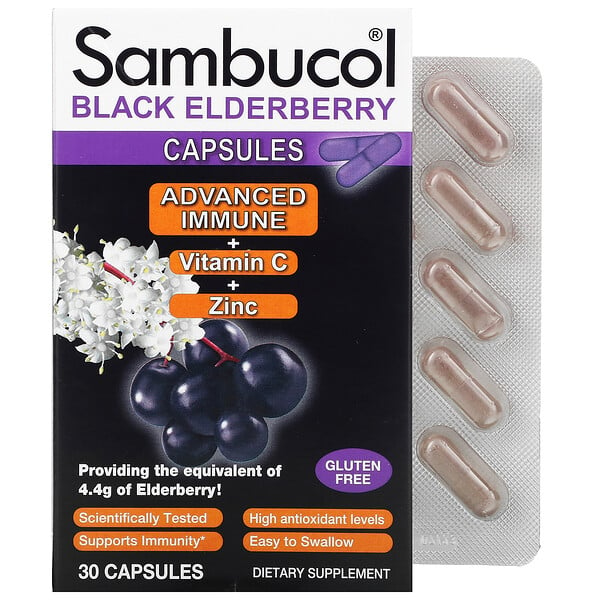 Black Elderberry Capsules, Advanced Immune + Vitamin C + Zinc, 30 Capsules