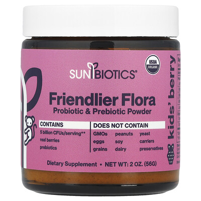 Sunbiotics  Kids! Friendlier Flora  Probiotic & Prebiotic Powder  Berry  5 Billion CFU  2 oz (56 g)