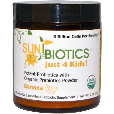 Just 4 Kids!, высокоэффективные пробиотики с органическими пребиотиками в порошке, банан, 2 унции (57 г)