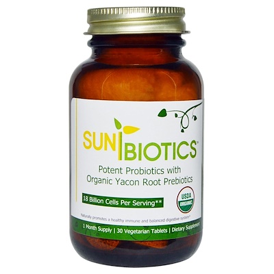 Sunbiotics Organic, Potent Probiotics with Organic Yacon Root Prebiotics, 30 Vegetarian Tablets