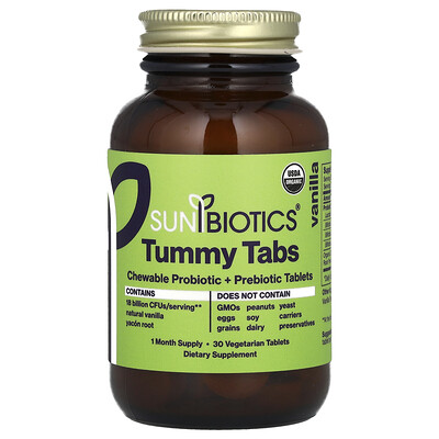 Sunbiotics  Tummy Tabs  Chewable Probiotic + Prebiotic  Vanilla  30 Vegetarian Tablets