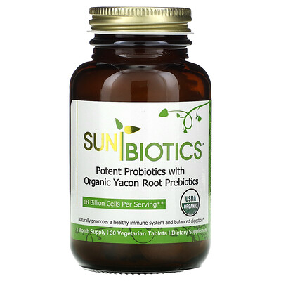 Sunbiotics Potent Probiotics With Organic Yacon Root Prebiotics, 30 Vegetarian Tablets