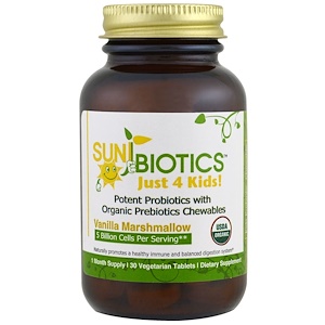 Купить Sunbiotics, Just 4 Kids, органические пробиотические жевательные резинки, ванильный зефир, 30 вегетарианских таблеток  на IHerb