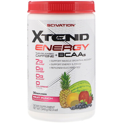 Xtend Energy, Кофеин медленного высвобождения + аминокислоты с разветвлённой цепью, Фруктовый пунш, 12,3 унц. (348 г)
