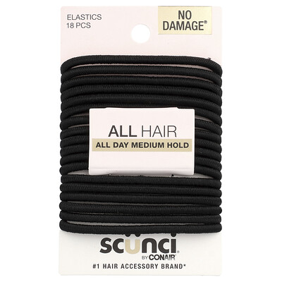 Scunci  No Damage® Elastics  All Day Medium Hold  Black   18 Pieces