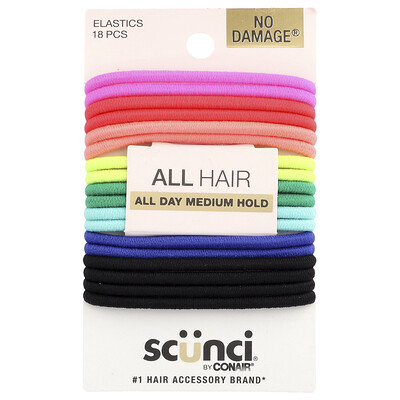 Scunci  No Damage® Elastics  All Hair  Medium Hold  Assorted Colors  18 Pieces