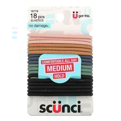 Scunci No Damage, резинки для волос, комфорт в течение всего дня, средняя фиксация, нейтральный цвет, 18 шт.