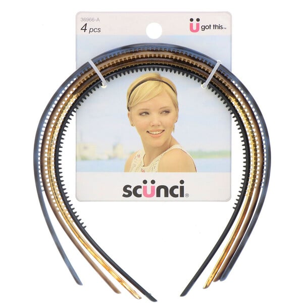Scunci, Skinny Plastic Headbands, Assorted Colors, 4 Pieces
