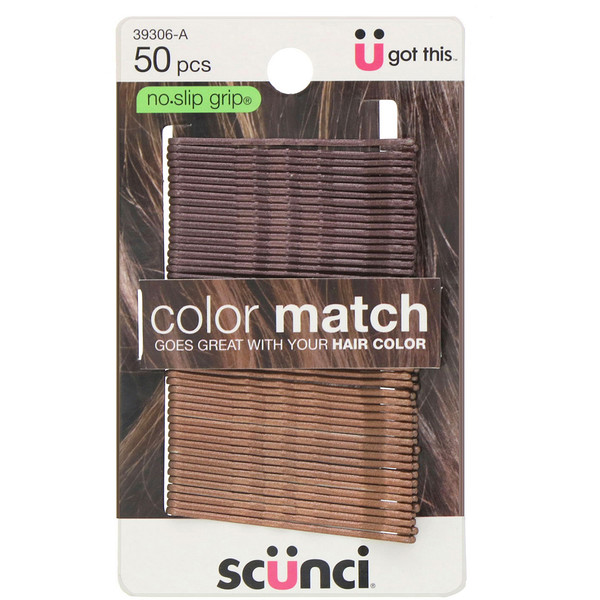 Scunci‏, אחיזה שלא מחליקה, סיכות ראש עם התאמת צבעים, ברונט, 50 יחידות