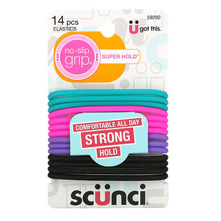 Scunci, No Slip Grip Elastics, Comfortable All Day, Strong Hold, Bright, 14 Pieces 