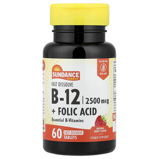 Sundance Vitamins, B-12 + kyselina listová, rychle rozpustná, přírodní bobule, 60 rychle rozpustných tablet