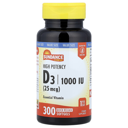 Sundance Vitamins , Vitamine D3 Haute Efficacité, 25 Μg (1000 Ui), 300 Capsules À Libération Rapide