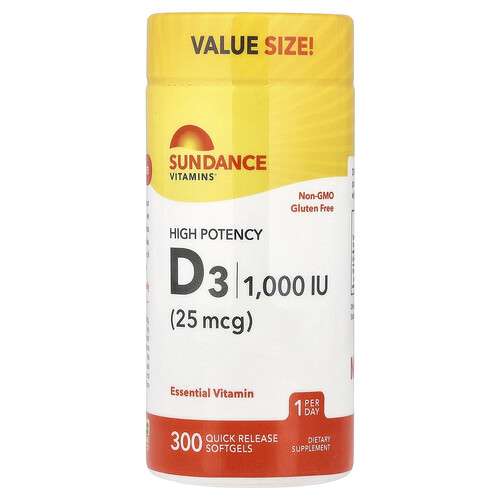 Sundance Vitamins, Hochwirksames Vitamin D3, 25 mcg (1.000 IU), 300 Weichkapseln mit schneller Freisetzung