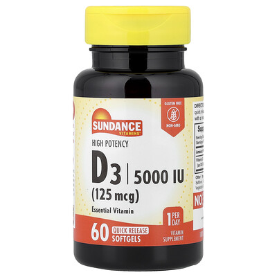 Sundance Vitamins, Vitamina D3, Alta potencia, 125 mcg (5000 UI), 60 cápsulas blandas de liberación rápida