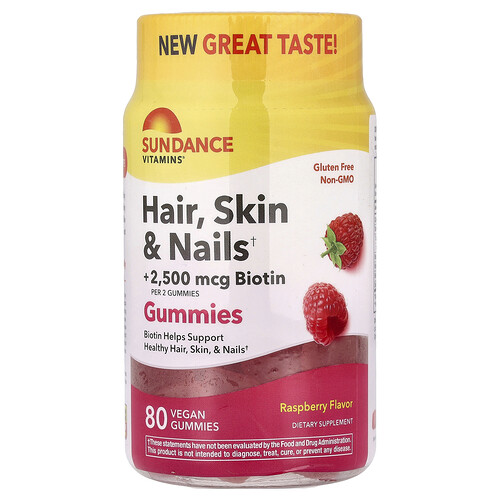Sundance Vitamins Hair, Skin & Nails Gummies, Raspberry, 80 Vegan Gummies