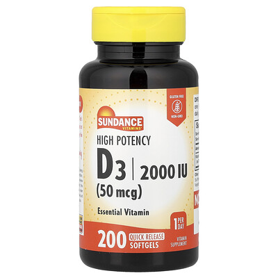 Product Image for Sundance Vitamins, D3, High Potency , 50 mcg (2,000 IU), 200 Quick Release Softgels