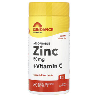 Sundance, Zinc absorbable et vitamine C, 50 capsules à enveloppe molle à libération rapide