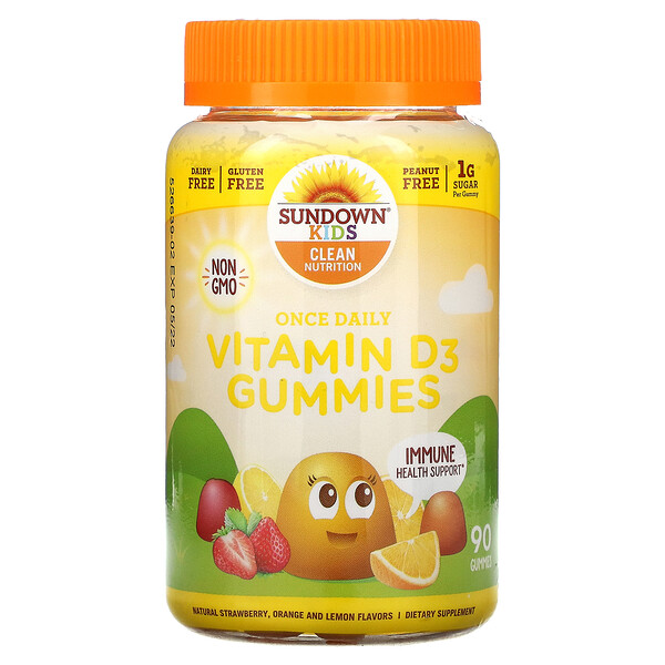Sundown Naturals Kids‏, علكات فيتامين د3 التي تُستخدم مرة واحدة يوميًا، الفراولة الطبيعية، البرتقال والليمون، 90 علكة